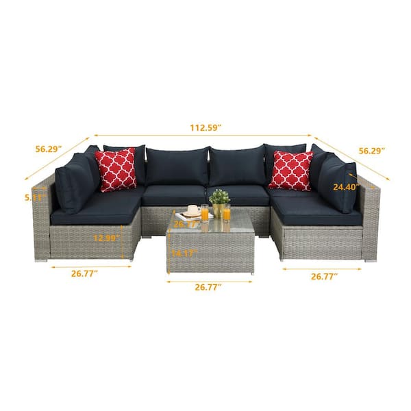 waelph Light Gray Wicker Outdoor Sectional Set with Coffee Table and Dark Blue Cushions