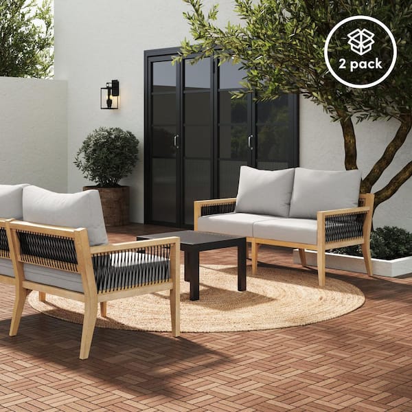 Nathan James Freya Bohemian Loveseat, Upholstered Loveseat Sofa for Patio, Solid Acacia Wood Frame, Set of 2, Gray/Weathered Acacia