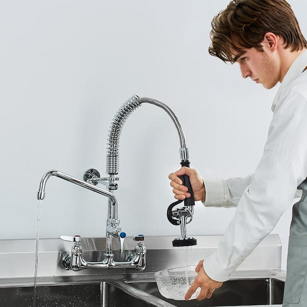 Commercial Faucet 21 in. H, 8 in. Center 12 in. Double Handle Pull Down Sprayer Kitchen Faucet with in Silver