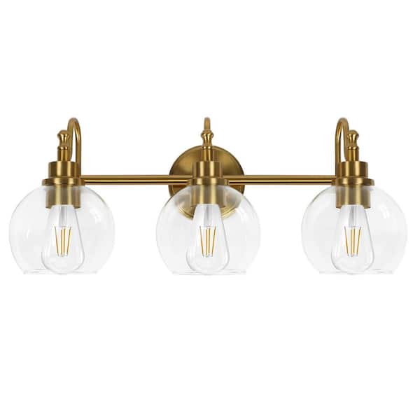 BICIK 22.4 in. 3-Light Gold Bathroom Vanity Light with Classic Globe Clear Glass Shades