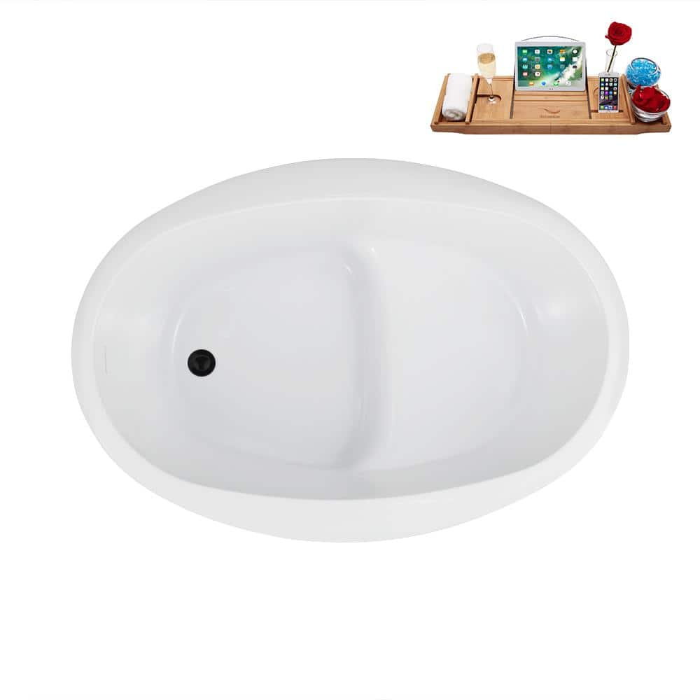 Glossy White Acrylic Freestanding Soaking Bathtub with Matte Black Drain