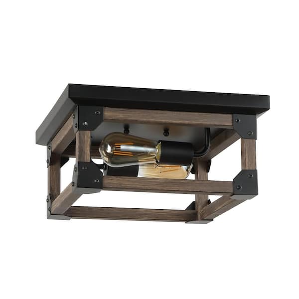 Cheshire 13 in. 2-Light Iron Rustic Farmhouse LED Flush Mount, Brown/Black
