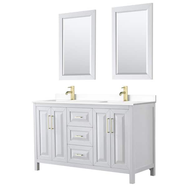 Wyndham Collection Daria 60 in. W x 22 in. D x 35.75 in. H Double Sink Bath Vanity in White w/ White Cultured Marble Top and 24 in. Mirrors