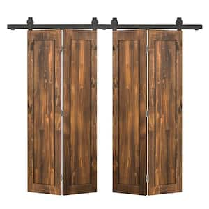 40 in. x 80 in. 1-Panel Shaker Hollow Core Walnut Pine Wood Double Bi-fold Door with Barn Door Hardware Kit