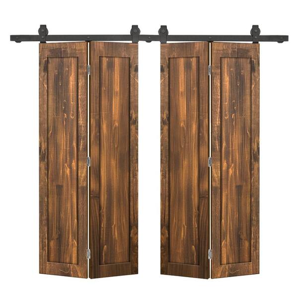 CALHOME 52 in. x 80 in. 1-Panel Shaker Hollow Core Walnut Pine Wood Double Bi-fold Door with Barn Door Hardware Kit