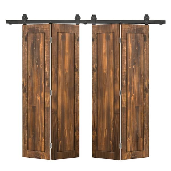 56 in. x 84 in. 1-Panel Shaker Hollow Core Walnut Pine Wood Double Bi-fold Door with Barn Door Hardware Kit