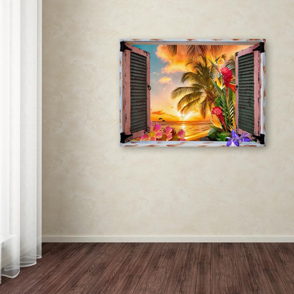 Tropical Sunset Beach View Canvas Print with Flowers