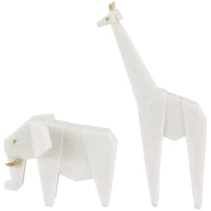 White Polystone Cubist Inspired Elephant, Giraffe Sculpture with Gold Accents (Set of 2)