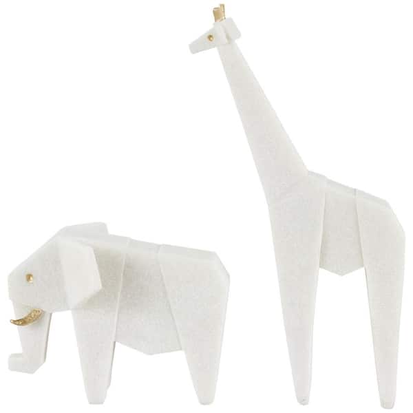 Litton Lane White Polystone Cubist Inspired Elephant, Giraffe Sculpture with Gold Accents (Set of 2)