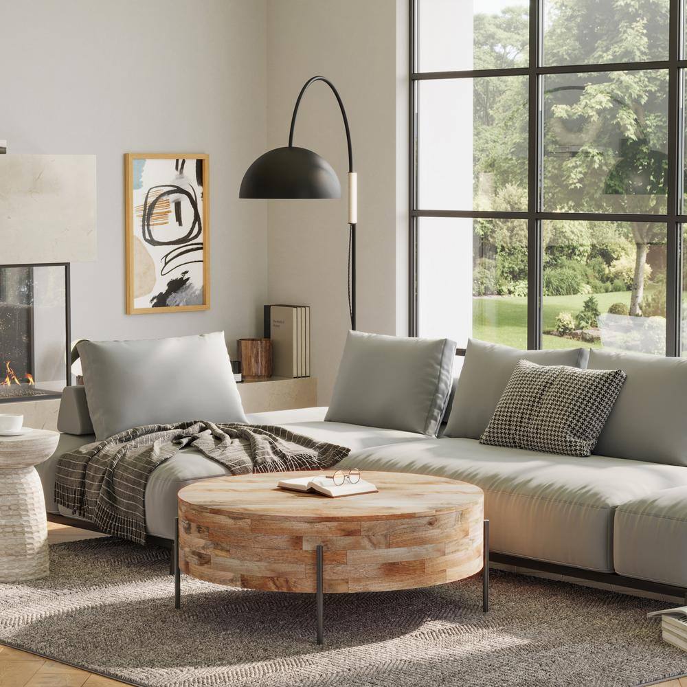 Natural Mango Wood and Black Metal Round Drum Coffee Table