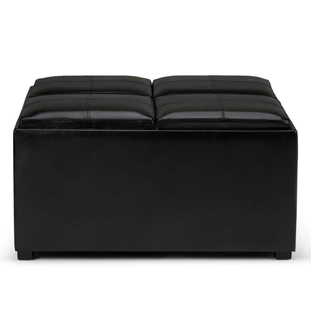 Midnight Black Faux Leather Coffee Table Ottoman with Trays