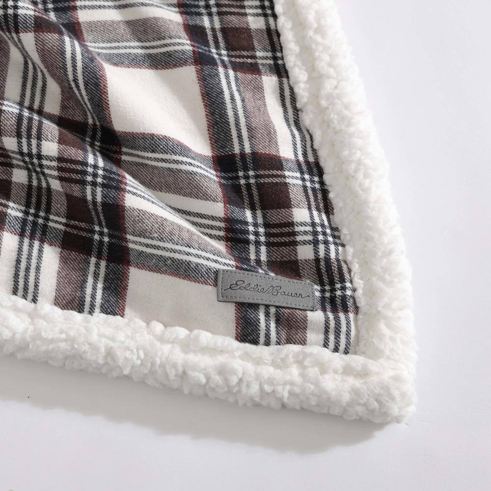 Brown Plaid Cotton Sherpa Reversible Throw Blanket
