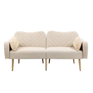 Modern 65 in. Beige Velvet Couch 2-Seater Loveseat Sofas Sleeper Sofa with Armrest and 2-Bolster-Pillows