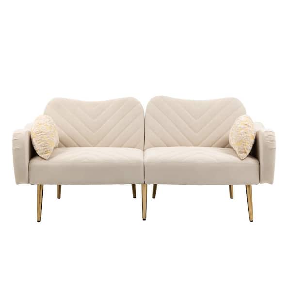 Unbranded Modern 65 in. Beige Velvet Couch 2-Seater Loveseat Sofas Sleeper Sofa with Armrest and 2-Bolster-Pillows