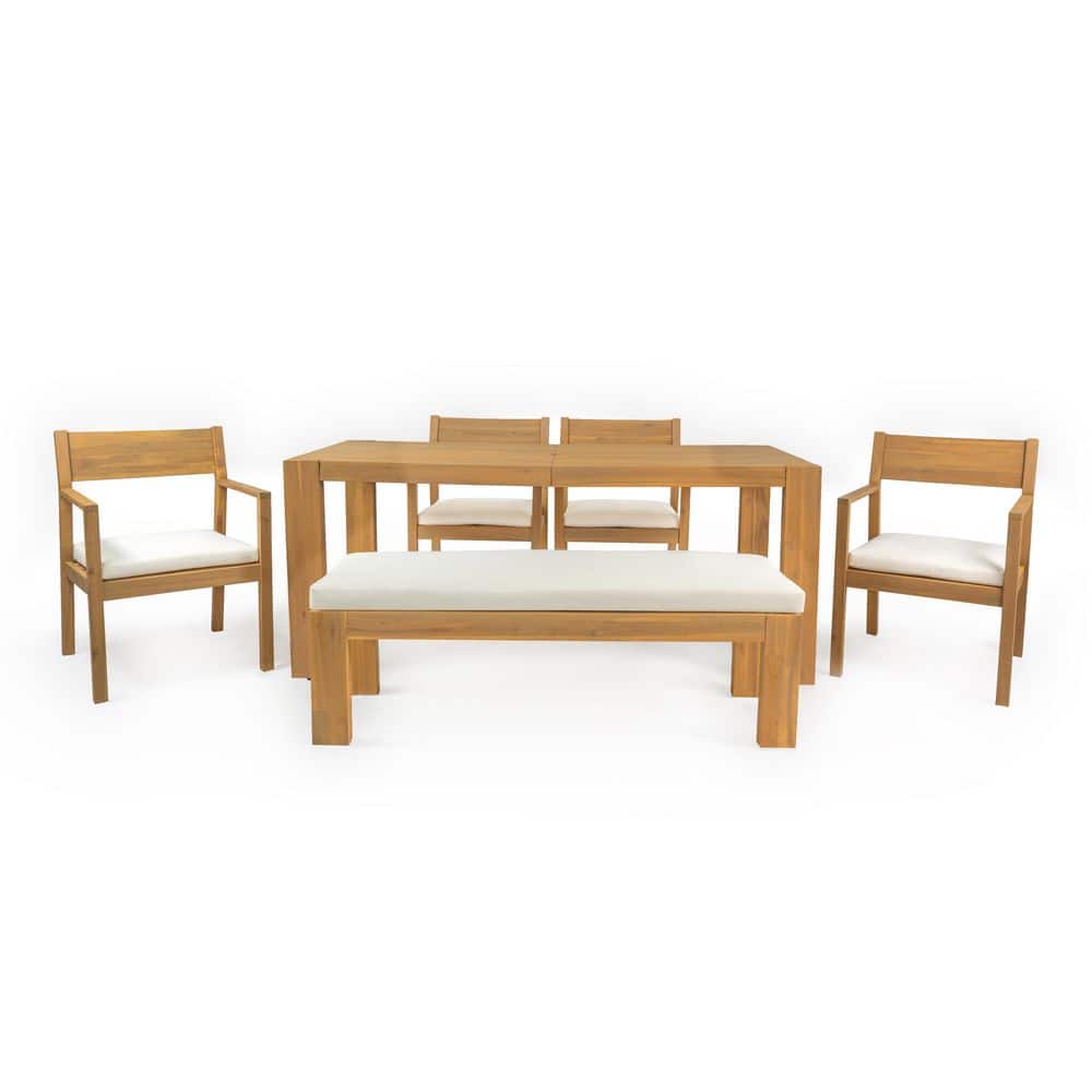 6-Piece Wood Outdoor Dining Set with Rectangular Table,Chairs and Bench,Cushions,Patio Furniture Sets with Umbrella Hole price history on PriceWatchPro