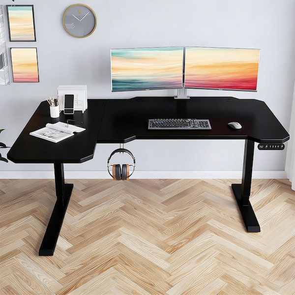 Denvor Modern 59 in. L-Shaped Black Wood and Metal Electric Height-Adjustable Computer Desk