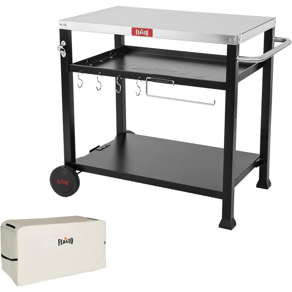 FEASTO 39.5 in. 3-Shelf Stainless Steel Movable Outdoor Food Prep Table ...