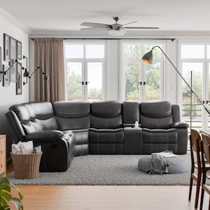 Luronia 123 in. Faux Leather L-Shaped Recliner Sectional Sofa in Dark Gray with Cup Holders and Console