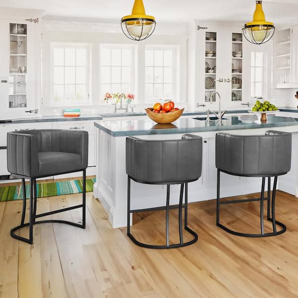 Siska 26 in.Modern Gray Faux Leather Upholstered Counter Stool with Black Metal Frame Barrel Bar Stool Set of 3