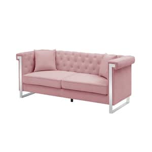 77.56 in. W Square Arms Button Chenille Fabric 3-Seater Straight Sofa with 2-Pillow in Pink