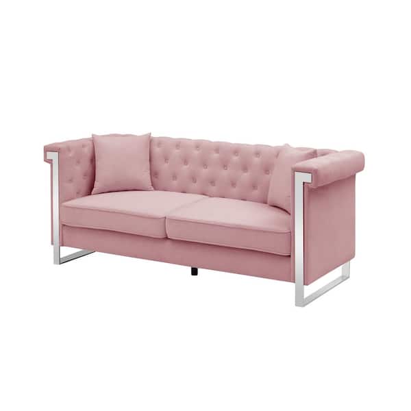 Unbranded 77.56 in. W Square Arms Button Chenille Fabric 3-Seater Straight Sofa with 2-Pillow in Pink