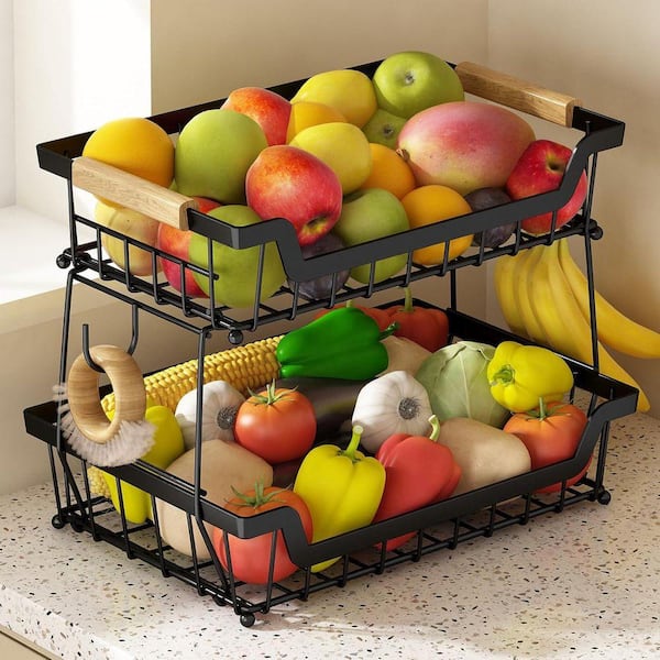 2 Piece Detachable Metal Fruit Basket with Banana Hangers Wooden Handle Large Capacity Kitchen Storage Set