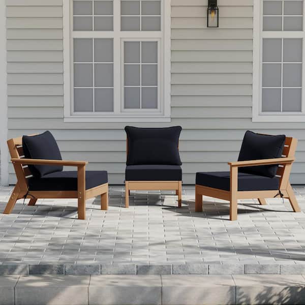 Birchwood Teak Arrangeable Outdoor Patio 3-Piece Deep Seating HDPE Sofa Arm Chair Set w/ Navy Blue Cushions