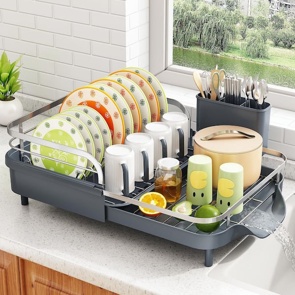 Gray Dish Drying Rack, Expandable Dish Rack for Kitchen Counter, Dish Drainer with Utensil Holder and Raised Guardrail