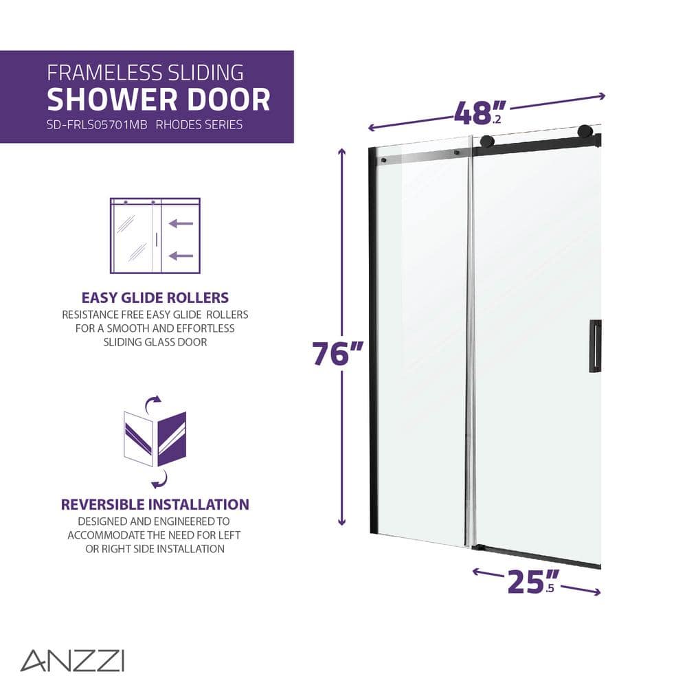 Rhodes 48" x 76" Frameless Sliding Shower Door in Matte Black