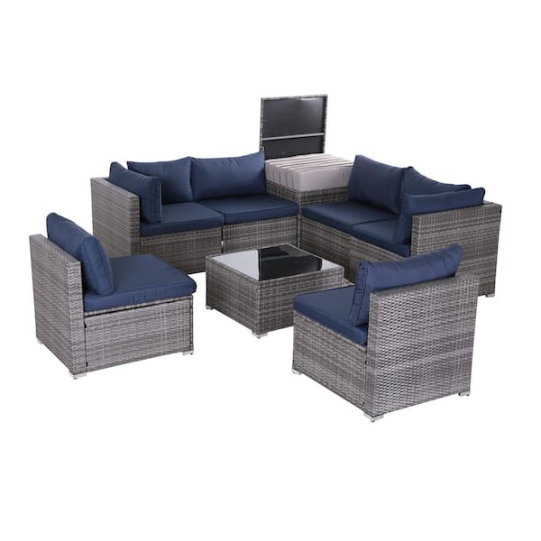 Zeus & Ruta 8-Piece Grey PE Wicker Rattan Patio Furniture Set Outdoor Sectional Sofa with Navy Blue Cushions