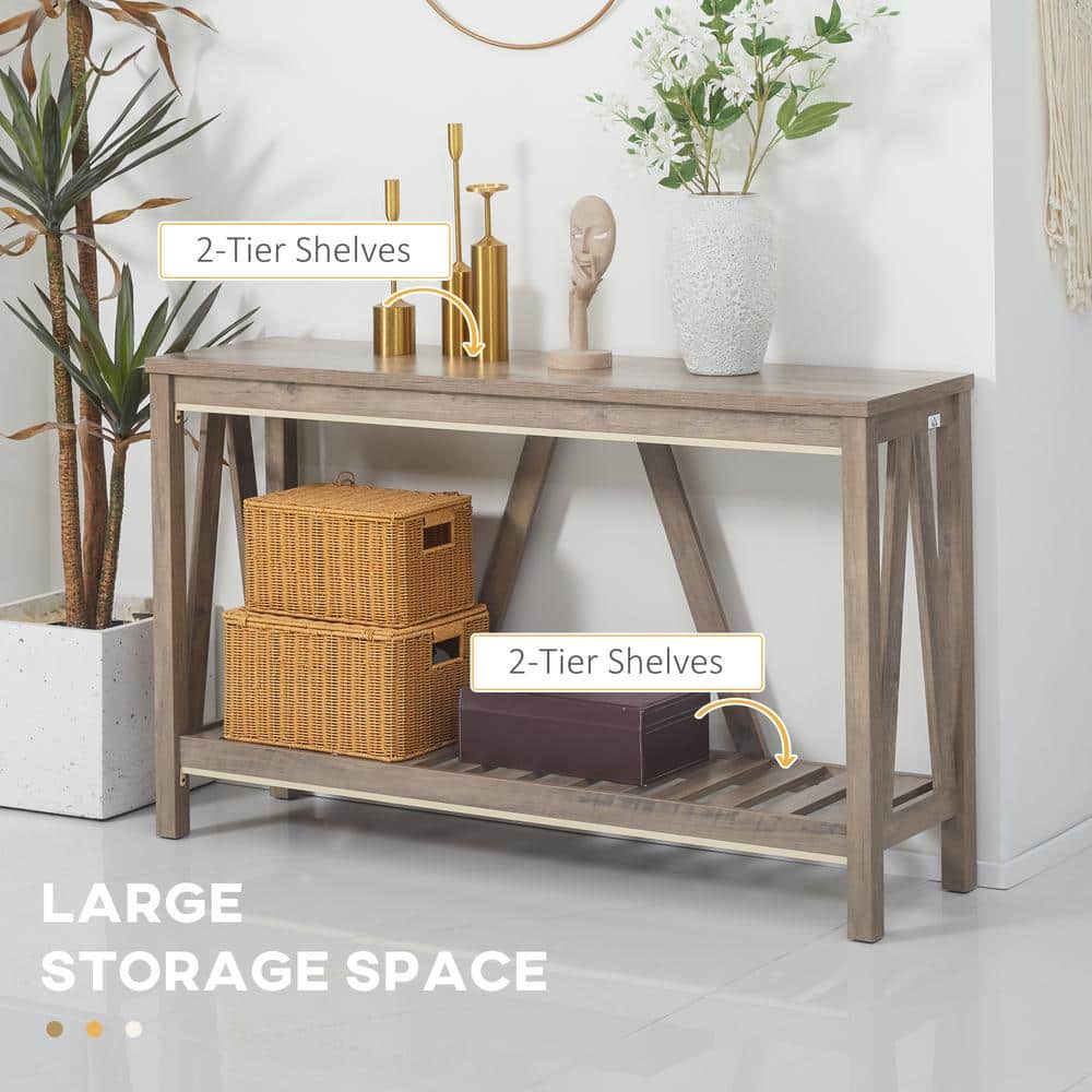 Gray Wood Farmhouse Console Table with Storage Shelf
