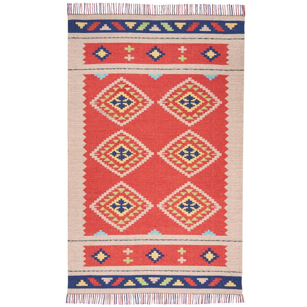 Reversible Tribal Red/Beige Cotton Blend 4' x 6' Area Rug