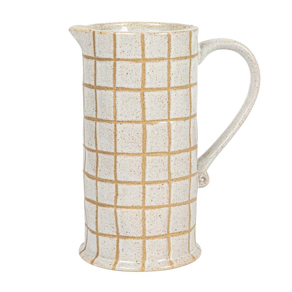 Cream and Brown Stoneware Pitcher with Wax Relief Grid Pattern