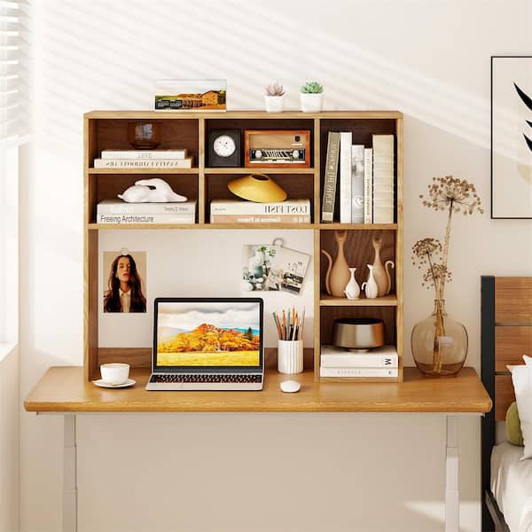 31 in. Tall Wood Desktop Bookcase Countertop Storage Hutch w/ Adjustable Shelves 3-Tier Display Rack Organizer Natural