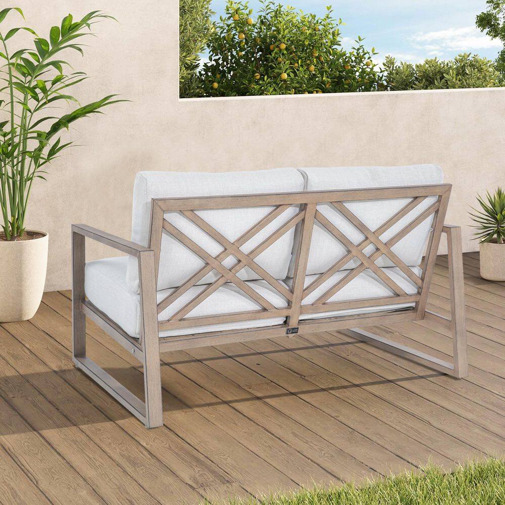 Back view of the Hamarto outdoor loveseat showing the X-shaped frame design.