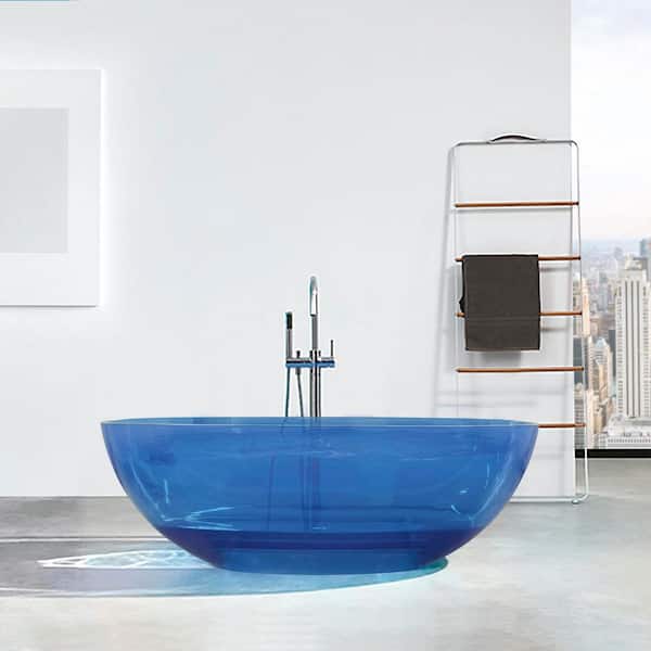 64 in. x 29.5 in. Resin Soaking Bathtub in Transparent Blue with Drain