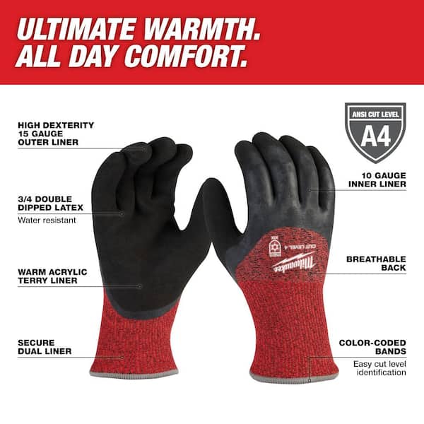 Large Red Latex Level 4 Cut Resistant Insulated Winter Dipped Work Gloves (2-Pack)