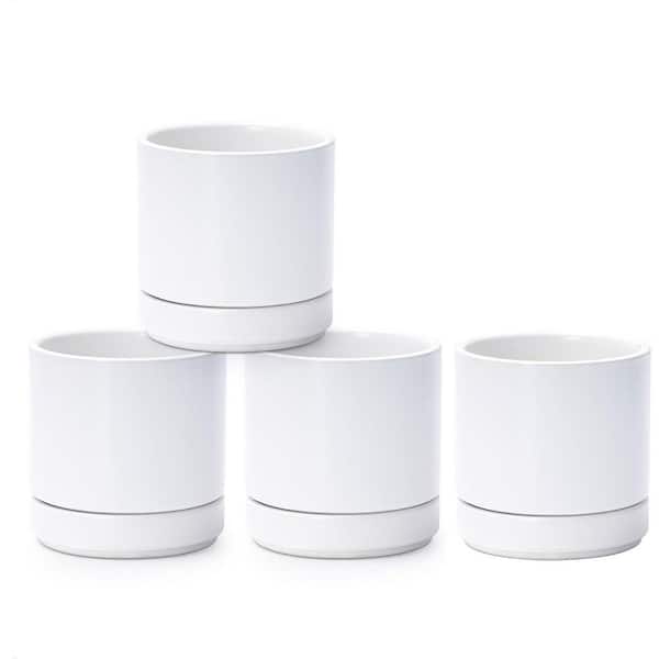 Small White Ceramic Indoor/Outdoor Planter with Saucer (4.7 in. W x 4.9 in. H) 4-Pack