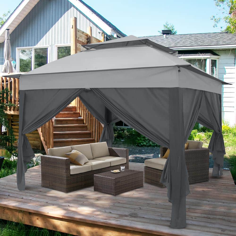 11 ft. Gray and Black Steel Patio Gazebo with Solid Walls