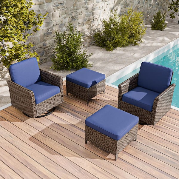 Wicker Patio Outdoor Rocking Chair Swivel Chair with Blue Cushions