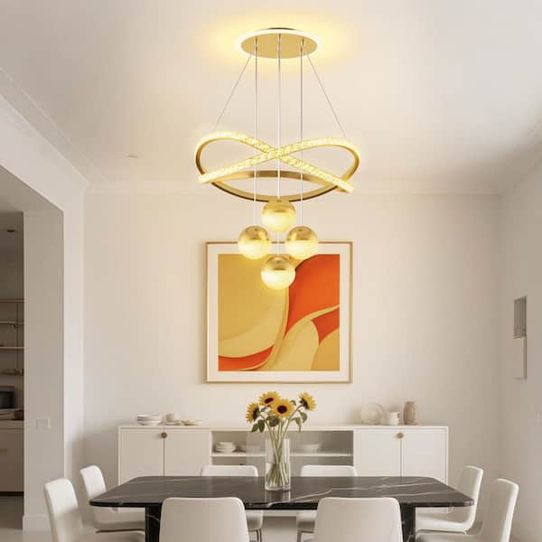 16 in. Gold Geometric LED Chandelier Adjustable Height Dimmable 3-Color Pendant Light with Acrylic Shades