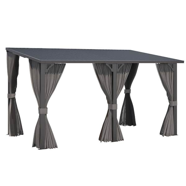 14 ft. x 8 ft. Metal Outdoor Lean to Wall-Mounted Hardtop Gazebo Pergola with Curtains and Netting