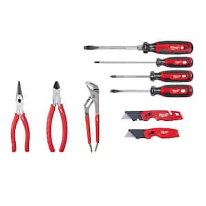 Screwdriver Set with Cushion Grip with FASTBACK Utility Knife and Compact Utility Knife and Pliers Kit (8-Piece)