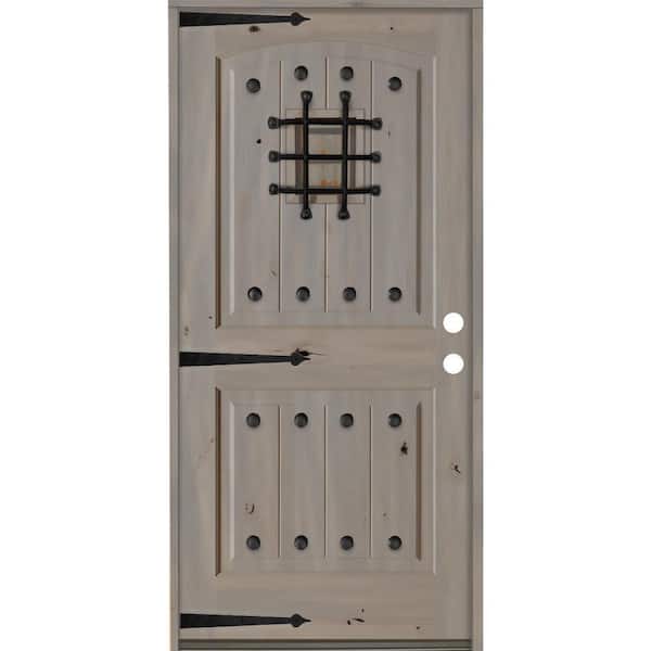 Krosswood Doors 36 in. x 80 in. Mediterranean Knotty Alder Arch Top 2 Panel Left-Hand/Inswing Grey Stain Wood Prehung Front Door
