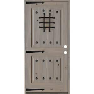 42 in. x 80 in. Mediterranean Knotty Alder Arch Top 2 Panel Left-Hand/Inswing Grey Stain Wood Prehung Front Door
