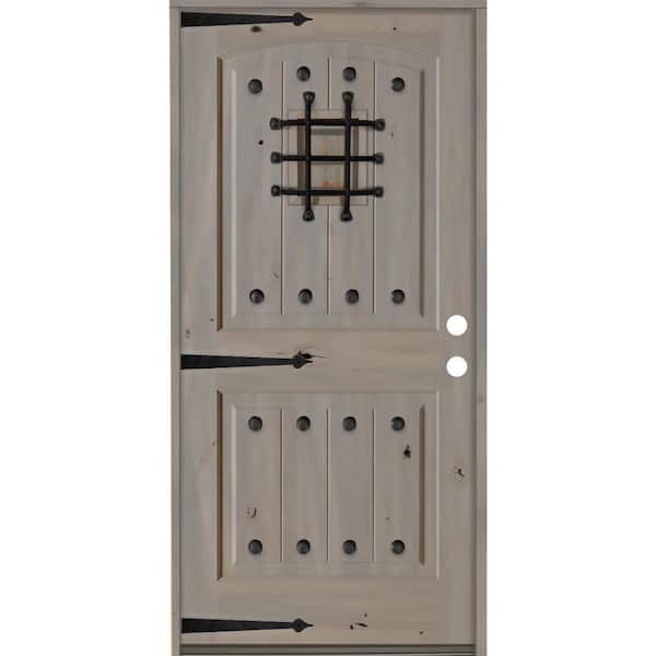 Krosswood Doors 42 in. x 80 in. Mediterranean Knotty Alder Arch Top 2 Panel Left-Hand/Inswing Grey Stain Wood Prehung Front Door