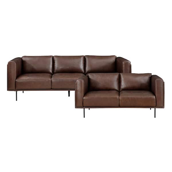 Lazzara Flint 88 in. W Straight Arm Leather Rectangle 2-Piece Living Room Sofa Set in Brown