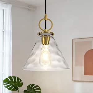 Jasslynn 9.05 in. Modern Gold 1-Light Pendant Light for Kitchen Island with Hammered Glass Cone Hanging Light