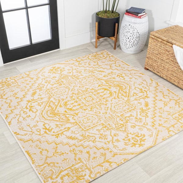 Estrella Bohemian Medallion Textured Weave Cream/Yellow 5 ft. Square Indoor/Outdoor Area Rug