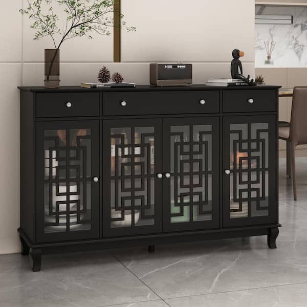 FUFU&GAGA 55.1 in. W Black Minimalist Retro Style Wood Sideboard Cupboard with 3-Drawer, Glass Doors, Adjustable Shelves